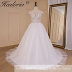 HEULORIA A-line Scoop Illusion Court Train Lace Tulle Wedding Dress With Sequins AL-714A