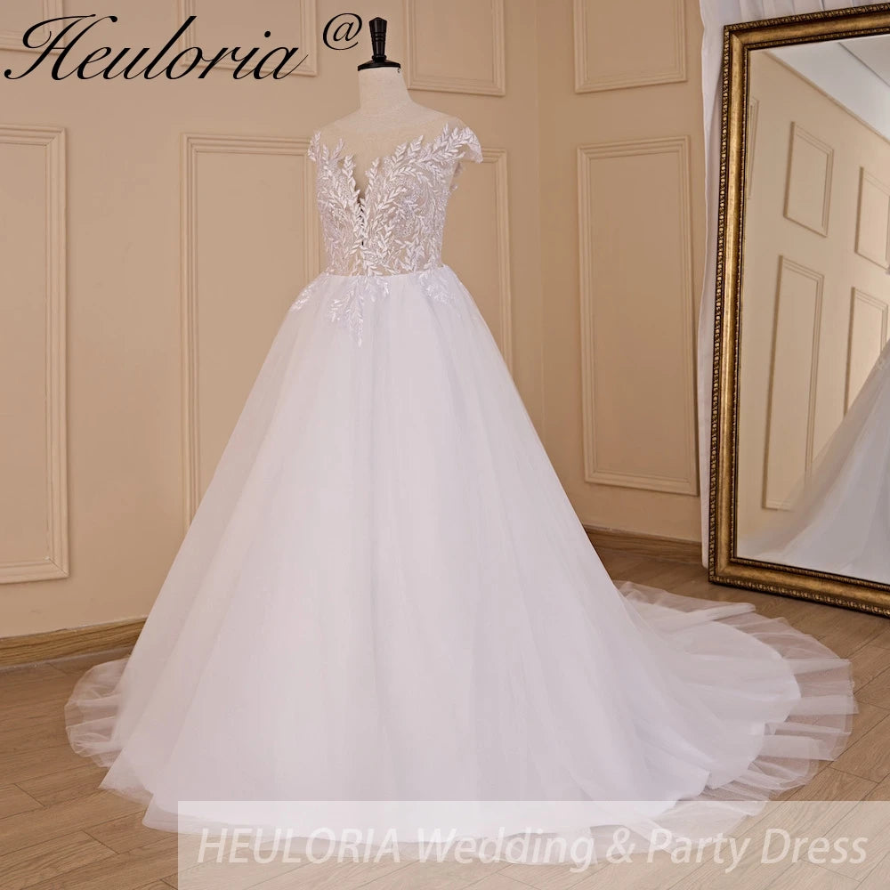 HEULORIA A-line Scoop Illusion Court Train Lace Tulle Wedding Dress With Sequins AL-714A