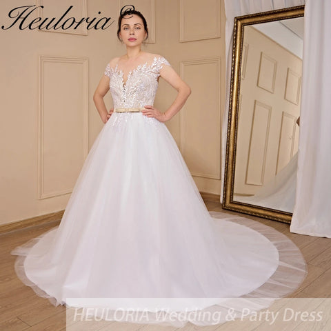 HEULORIA A-line Scoop Illusion Court Train Lace Tulle Wedding Dress With Sequins