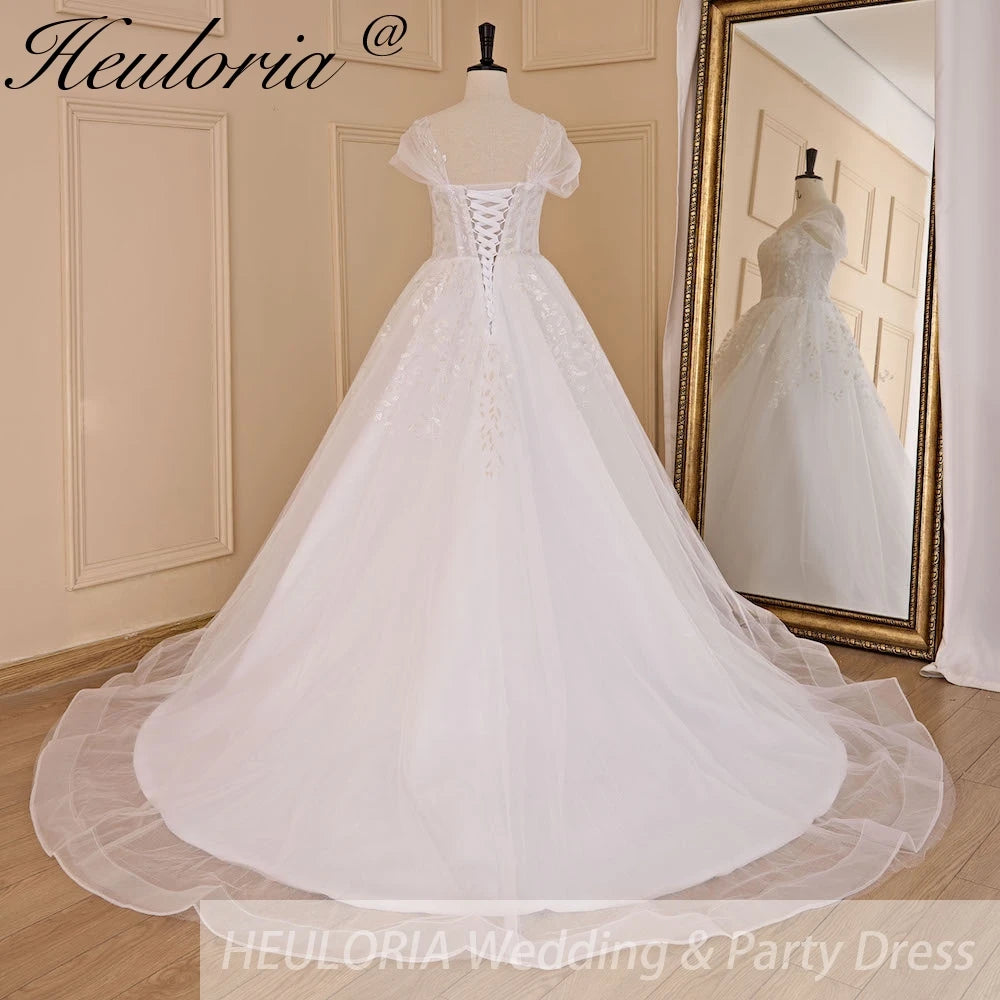 HEULORIA A-line Off the Shoulder Court Train Tulle Lace Wedding Dress With Sequins AL-722A