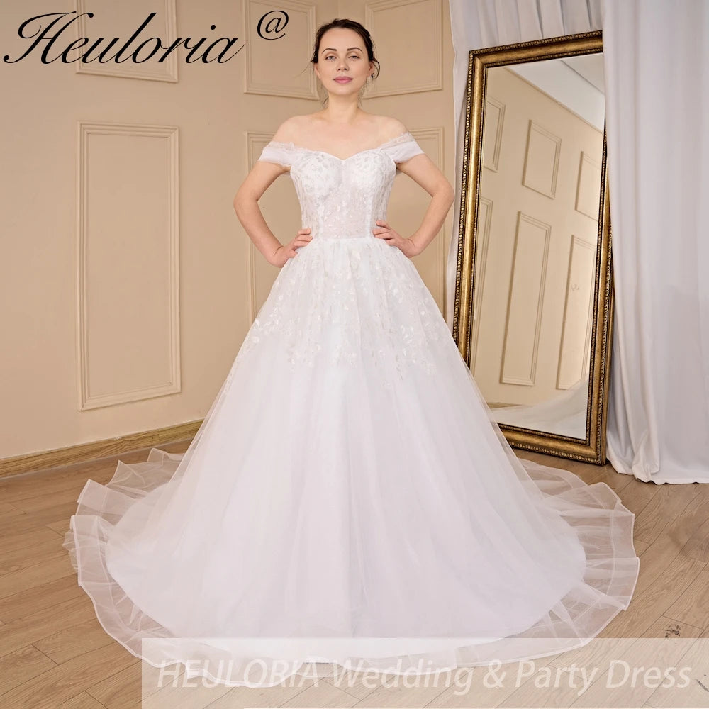 HEULORIA A-line Off the Shoulder Court Train Tulle Lace Wedding Dress With Sequins AL-722 Main image