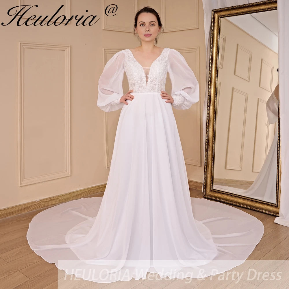 Boho Wedding Dress long sleeve V neck lace applique chiffon bride dress plus size robe de mariee A line Wedding Bridal Gown AL-784