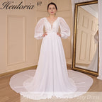 Boho Wedding Dress long sleeve V neck lace applique chiffon bride dress plus size robe de mariee A line Wedding Bridal Gown AL-784