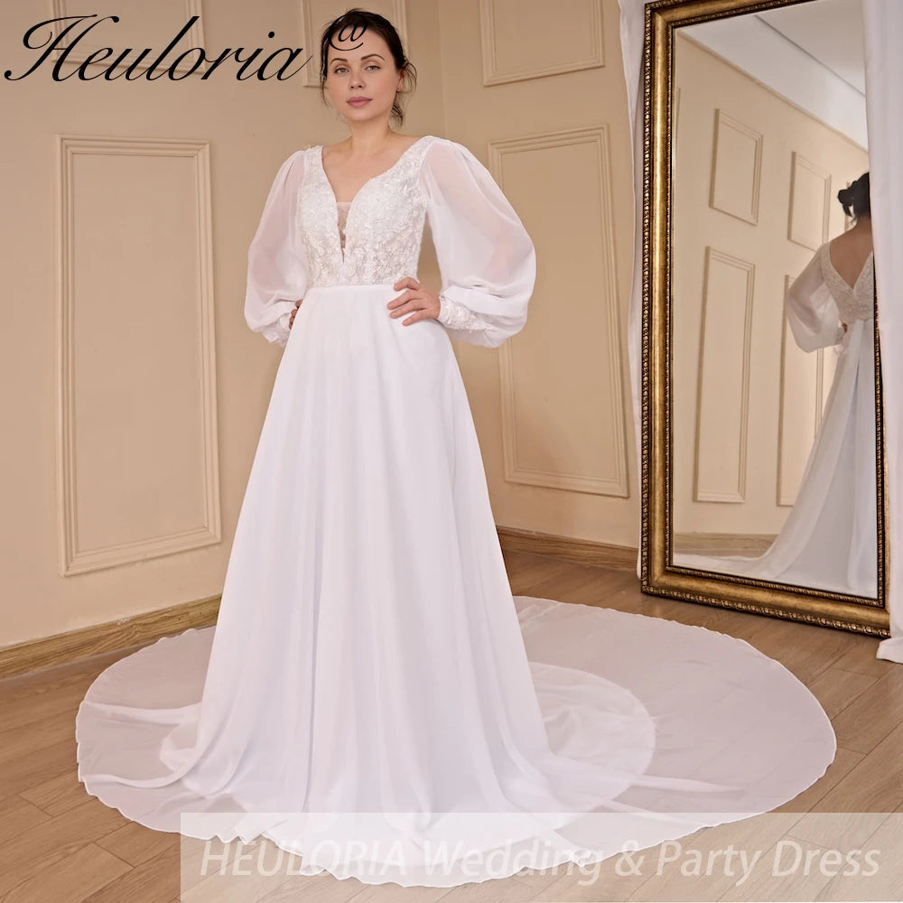 Boho Wedding Dress long sleeve V neck lace chiffon bride Dress plus 50cm / 2 / White Boho Wedding Dress long sleeve V neck lace chiffon bride Dress plus 50cm / 2 / White