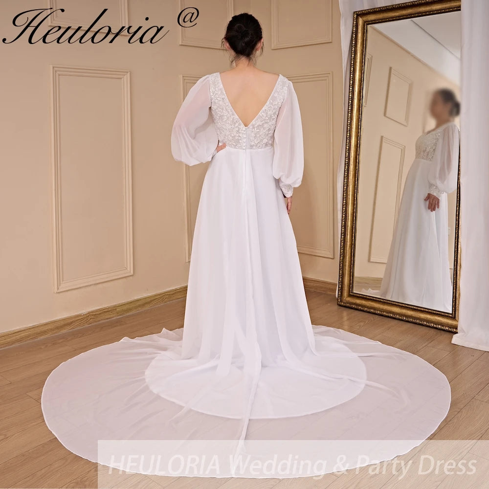 Boho Wedding Dress long sleeve V neck lace chiffon bride Dress plus 50cm / 2 / White Boho Wedding Dress long sleeve V neck lace chiffon bride Dress plus 50cm / 2 / White