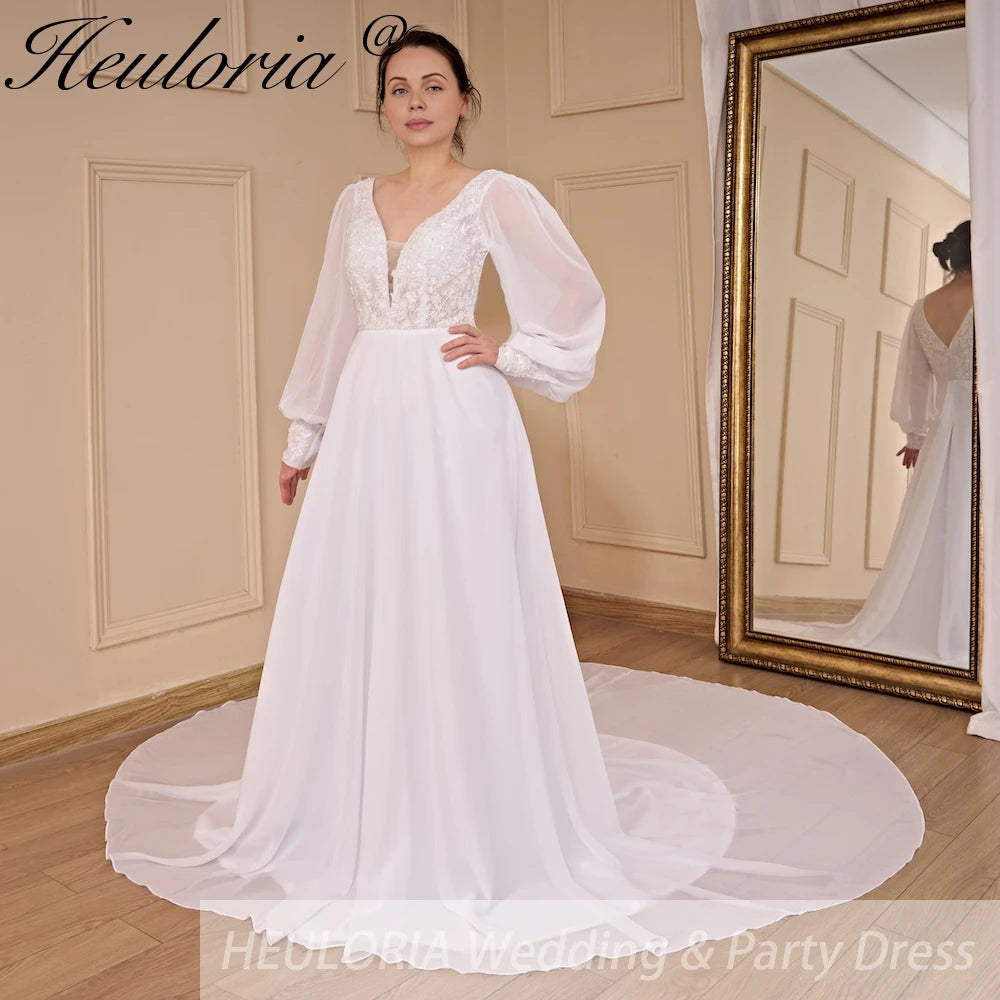 V-Neck Lace Chiffon Long Sleeve Wedding Dress