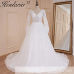 HEULORIA elegant A line long sleeve Court Train Tulle Lace Wedding Dress With Sequins AL-578