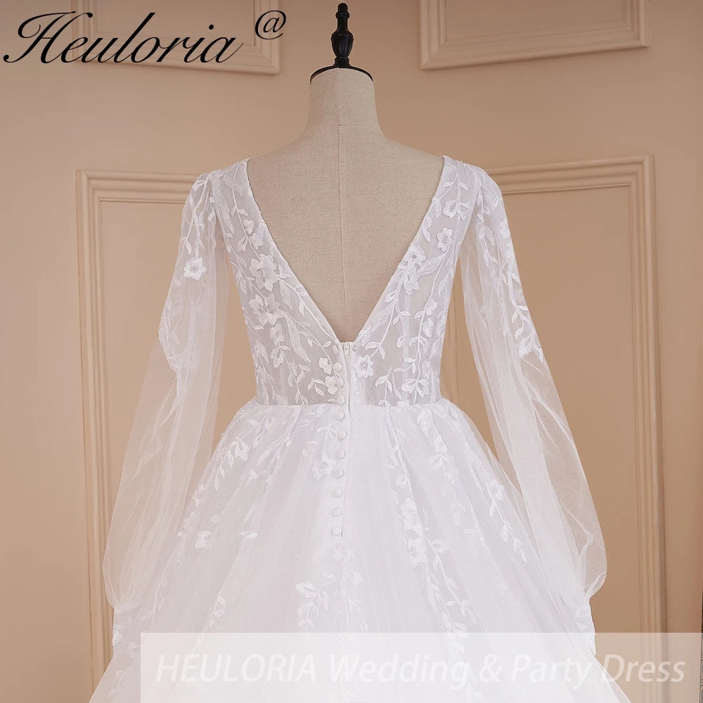 HEULORIA elegant A line long sleeve Court Train Tulle Lace Wedding Dress With Sequins AL-578