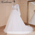 HEULORIA elegant A line long sleeve Court Train Tulle Lace Wedding Dress With Sequins AL-578