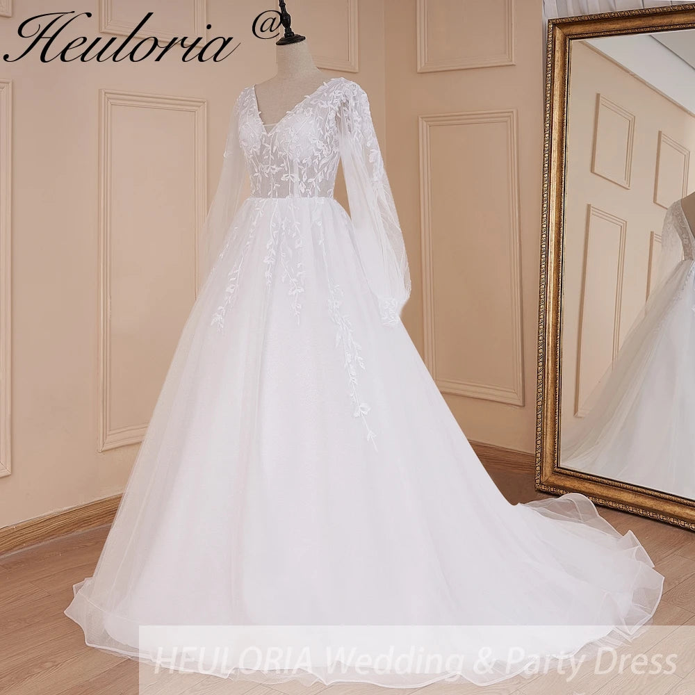 HEULORIA elegant A line long sleeve Court Train Tulle Lace Wedding Dress With Sequins AL-578