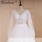 HEULORIA elegant A line long sleeve Court Train Tulle Lace Wedding Dress With Sequins AL-578