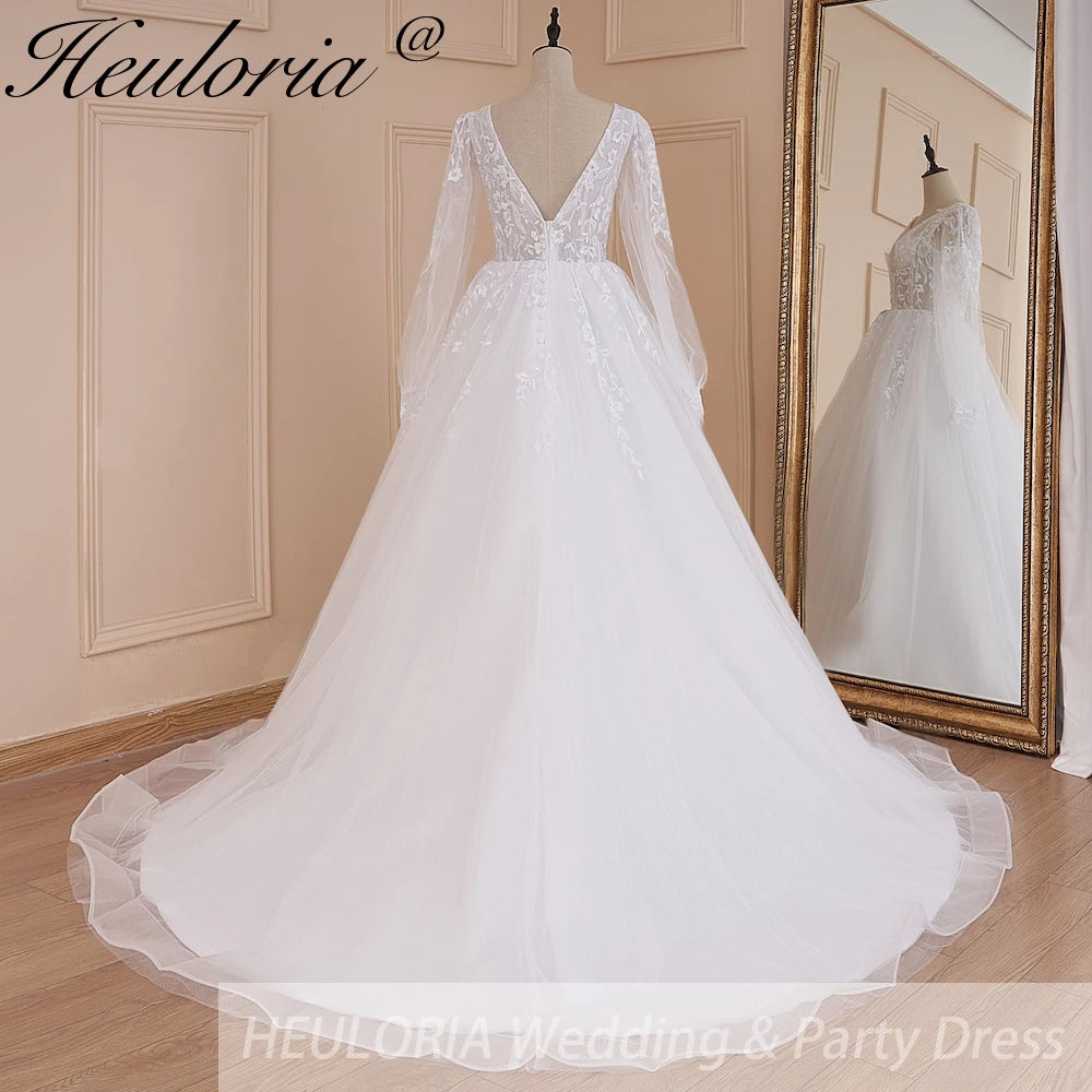 HEULORIA elegant A line long sleeve Court Train Tulle Lace Wedding Dress With Sequins AL-578