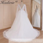 HEULORIA elegant A line long sleeve Court Train Tulle Lace Wedding Dress With Sequins AL-578