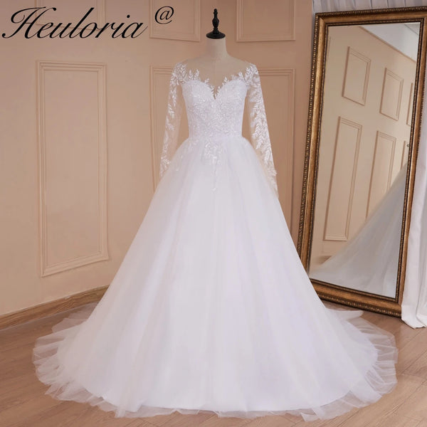 HEULORIA elegant A line long sleeve Court Train Tulle Lace Wedding Dress With Sequins