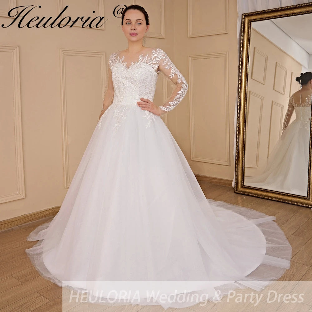 HEULORIA elegant A line long sleeve Court Train Tulle Lace Wedding Dress With Sequins AL-709