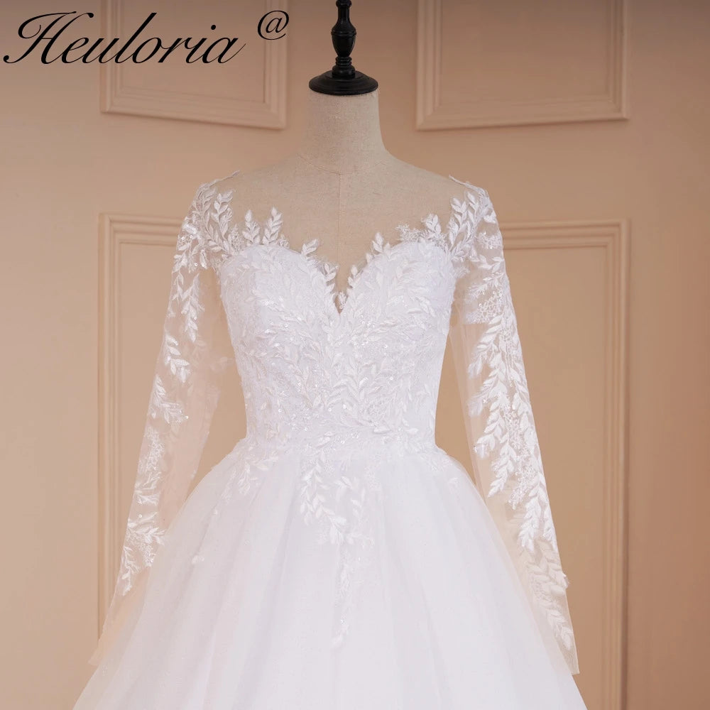 HEULORIA elegant A line long sleeve Court Train Tulle Lace Wedding Dress With Sequins AL-540