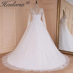 HEULORIA elegant A line long sleeve Court Train Tulle Lace Wedding Dress With Sequins AL-540