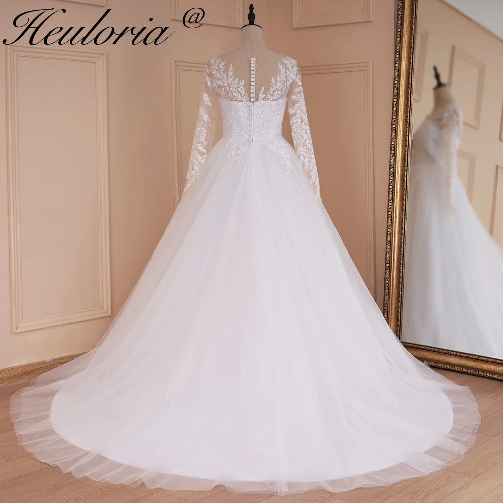 HEULORIA elegant A line long sleeve Court Train Tulle Lace Wedding Dress With Sequins AL-540