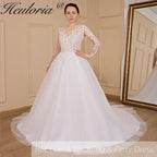 HEULORIA elegant A line long sleeve Court Train Tulle Lace Wedding Dress With Sequins AL-712