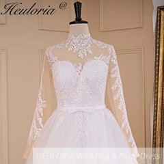 HEULORIA elegant A line long sleeve Court Train Tulle Lace Wedding Dress With Sequins