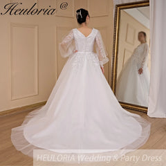 HEULORIA elegant A line long sleeve Court Train Tulle Lace Wedding Dress With Sequins AL-694