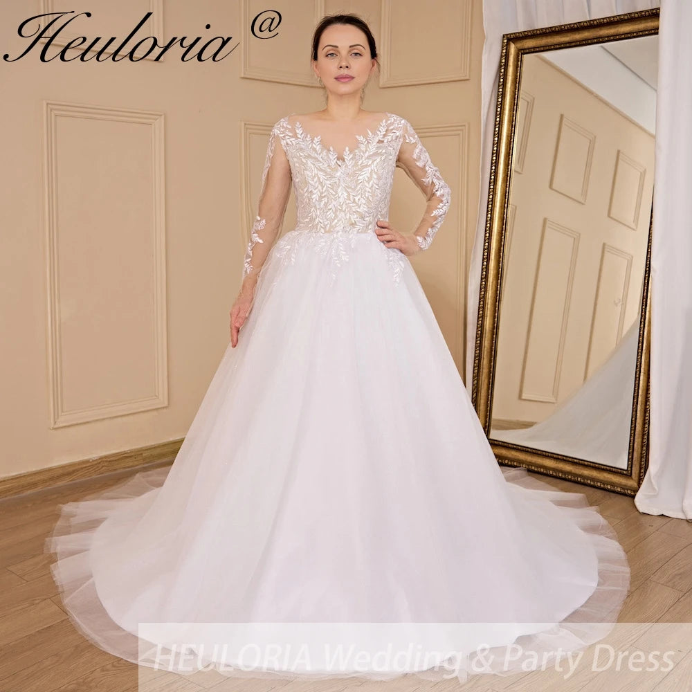 HEULORIA elegant A line long sleeve Court Train Tulle Lace Wedding Dress With Sequins AL-712