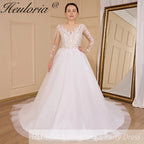 HEULORIA elegant A line long sleeve Court Train Tulle Lace Wedding Dress With Sequins AL-712