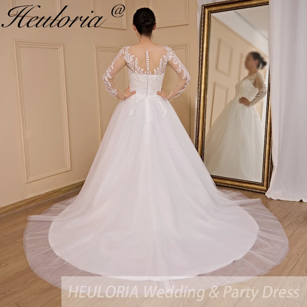HEULORIA elegant A line long sleeve Court Train Tulle Lace Wedding Dress With Sequins AL-709