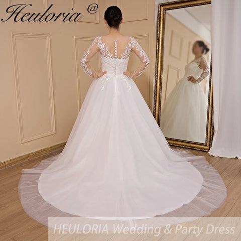 HEULORIA elegant A line long sleeve Court Train Tulle Lace Wedding Dress With Sequins