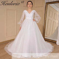 HEULORIA elegant A line long sleeve Court Train Tulle Lace Wedding Dress With Sequins AL-694