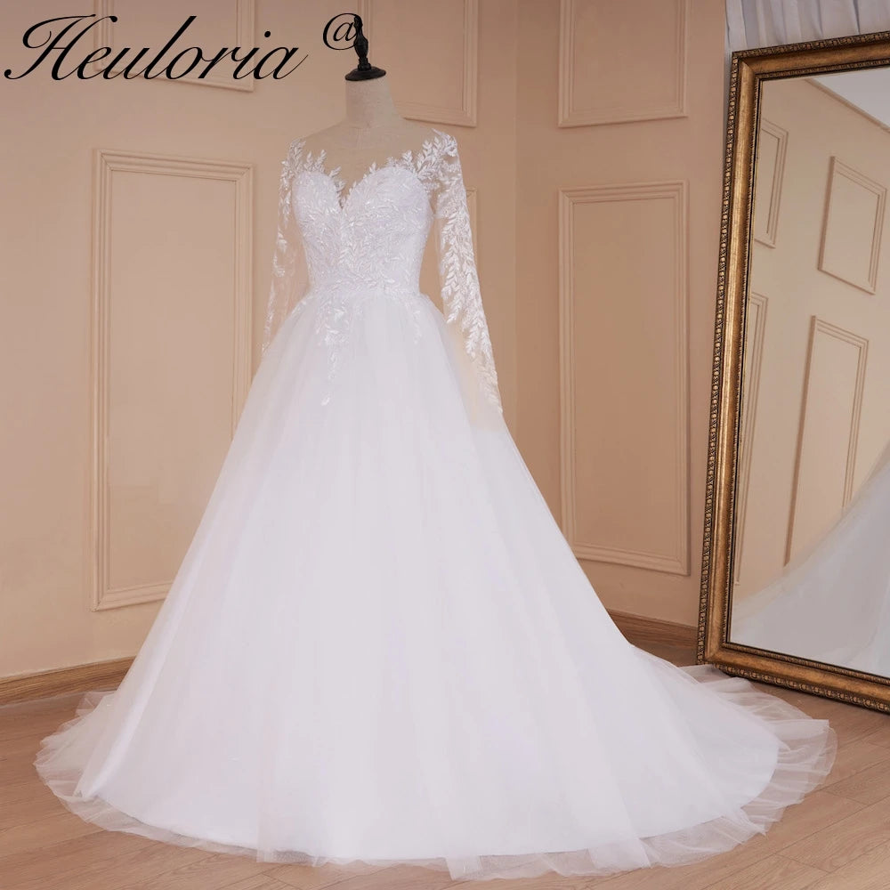 HEULORIA elegant A line long sleeve Court Train Tulle Lace Wedding Dress With Sequins AL-540