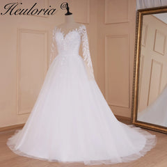 HEULORIA Boho vestido de novia de manga larga vestido de novia de talla grande bata de mariee encaje con cuentas una línea vestido de novia de boda 