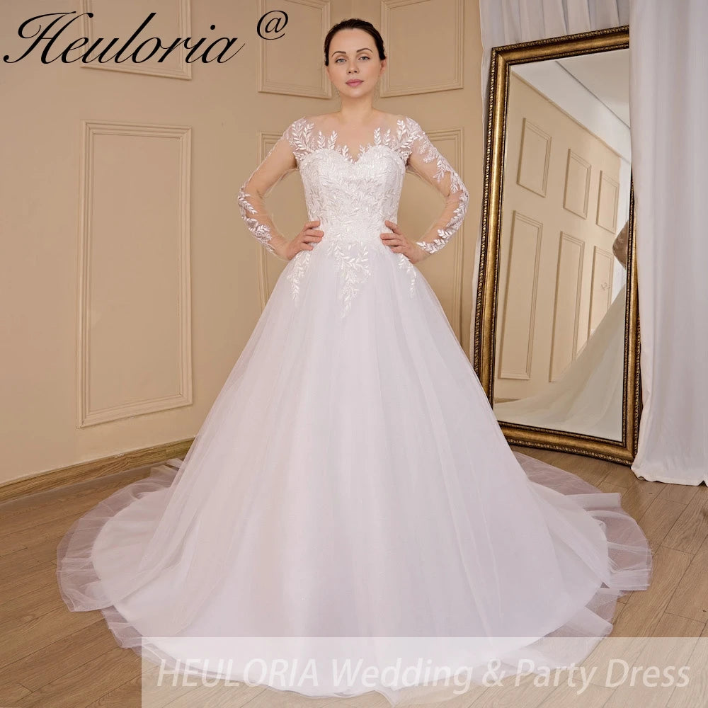 HEULORIA elegant A line long sleeve Court Train Tulle Lace Wedding Dress With Sequins AL-709 Main image