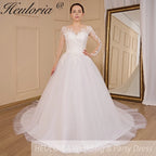 HEULORIA elegant A line long sleeve Court Train Tulle Lace Wedding Dress With Sequins AL-709