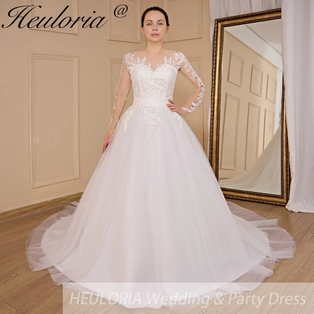 HEULORIA elegant A line long sleeve Court Train Tulle Lace Wedding Dress With Sequins AL-709