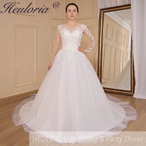 HEULORIA elegant A line long sleeve Court Train Tulle Lace Wedding Dress With Sequins