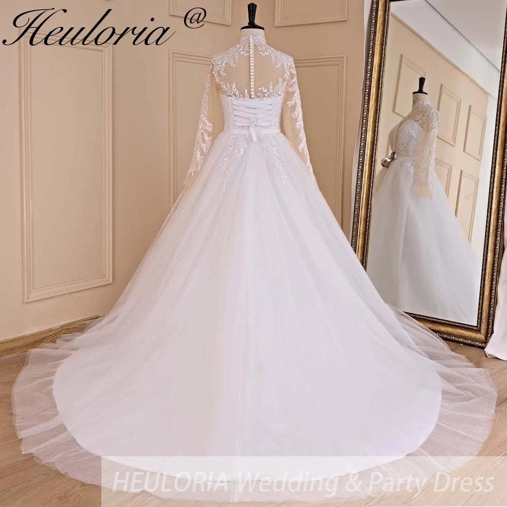 HEULORIA elegant A line long sleeve Court Train Tulle Lace Wedding Dress With Sequins  AL-673