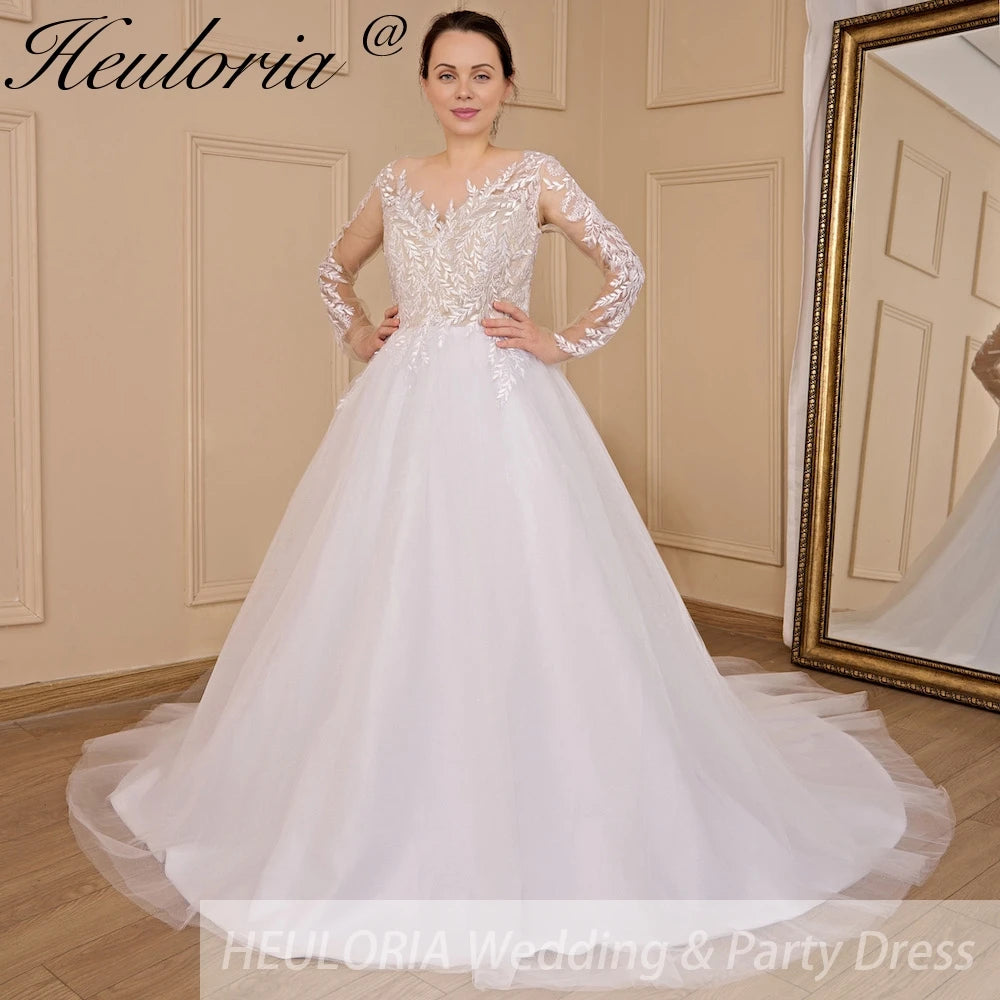 HEULORIA elegant A line long sleeve Court Train Tulle Lace Wedding Dress With Sequins AL-712