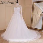 HEULORIA elegant A line long sleeve Court Train Tulle Lace Wedding Dress With Sequins  AL-673