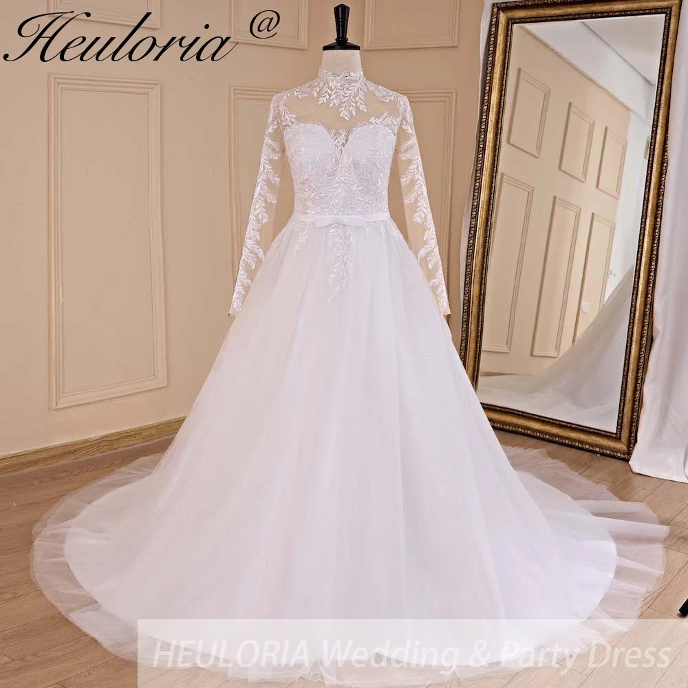 HEULORIA elegant A line long sleeve Court Train Tulle Lace Wedding Dress With Sequins  AL-673