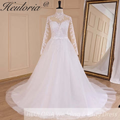 HEULORIA elegant A line long sleeve Court Train Tulle Lace Wedding Dress With Sequins