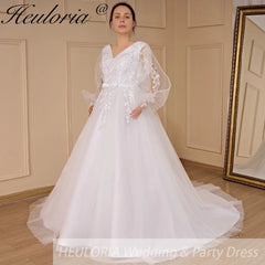 HEULORIA elegant A line long sleeve Court Train Tulle Lace Wedding Dress With Sequins AL-694