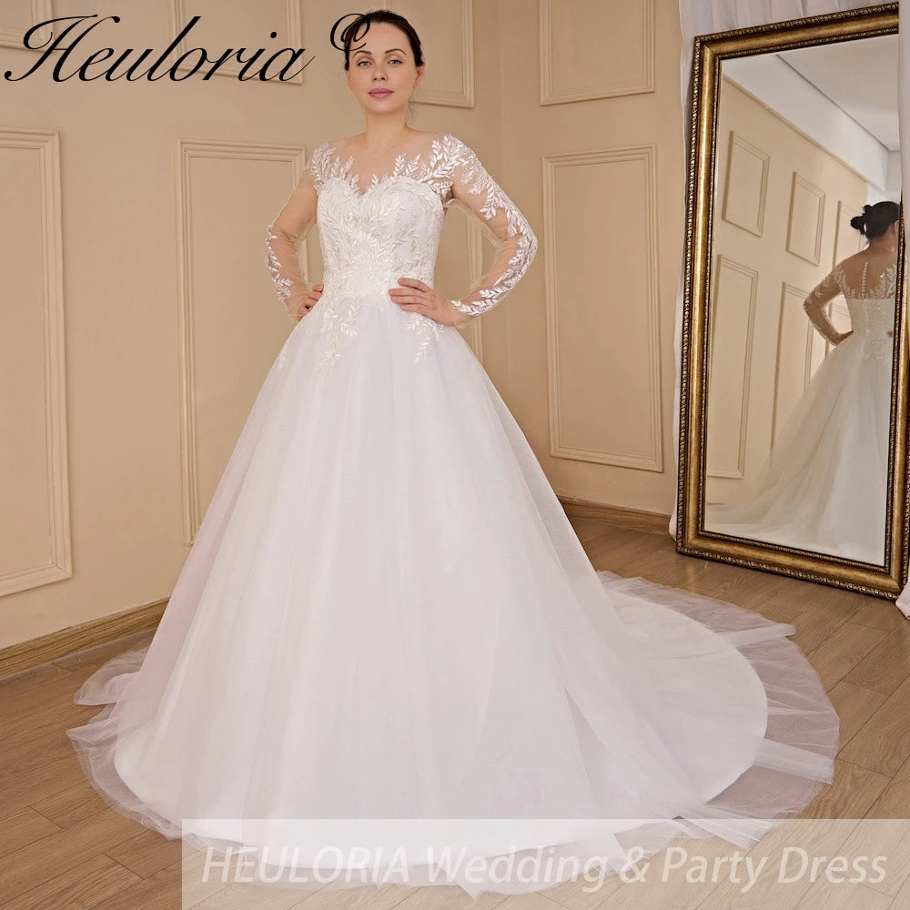 HEULORIA elegant A line long sleeve Court Train Tulle Lace Wedding Dress With Sequins AL-709