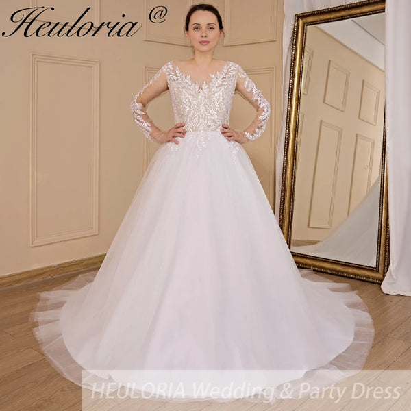 HEULORIA elegant A line long sleeve Court Train Tulle Lace Wedding Dress With Sequins