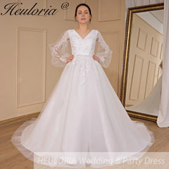 HEULORIA elegant A line long sleeve Court Train Tulle Lace Wedding Dress With Sequins AL-694