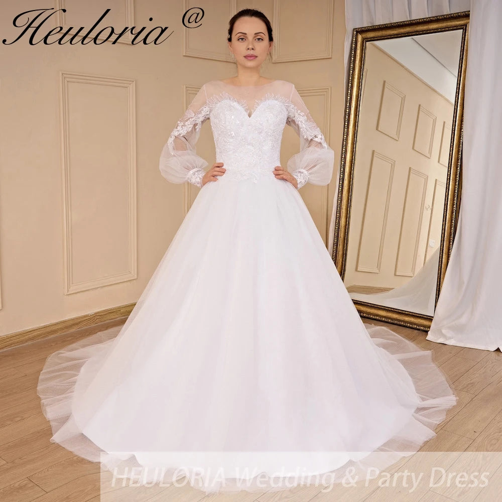 HEULORIA Wedding Dress long sleeve lace applique bride dress plus size robe de mariee A line Wedding Bridal Gown AL-697