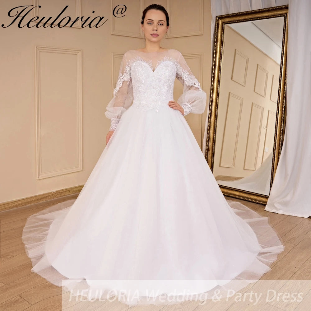 HEULORIA Wedding Dress long sleeve lace applique bride dress plus size robe de mariee A line Wedding Bridal Gown AL-697