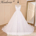 HEULORIA A-line V-Neck Court Train Lace Wedding Dress With Sequins BA-604