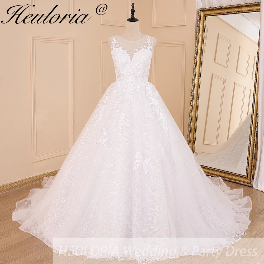 HEULORIA A-line V-Neck Court Train Lace Wedding Dress With Sequins BA-604