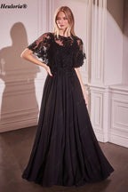 heuloria-Lace Applique Chiffon A-Line Mother of the Bride Dress with Cape-ed-378